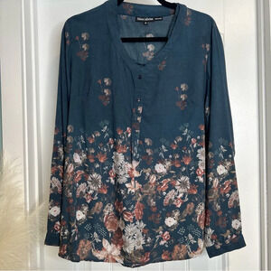 Tolani Collection Dusty Blue Floral Print Long‎ Sleeve Blouse. Size Medium